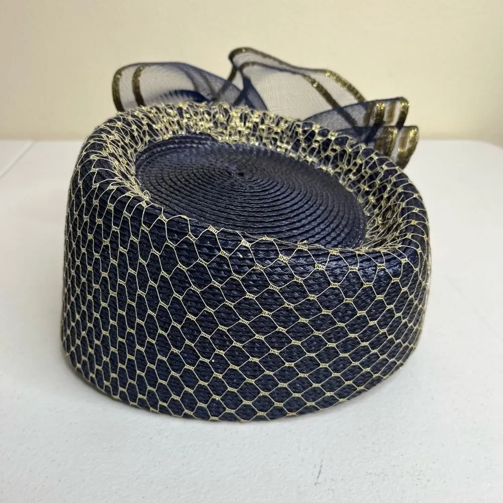 Vintage 80s Sylvia Church Lady Hat Navy Gold Metallic Mesh Netting Union Made US